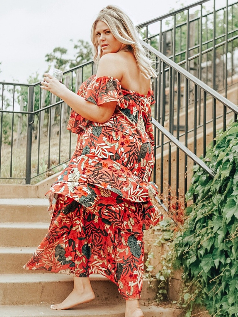 Set- Eloquii Red Tropical Off-Shoulder Top and Skirt